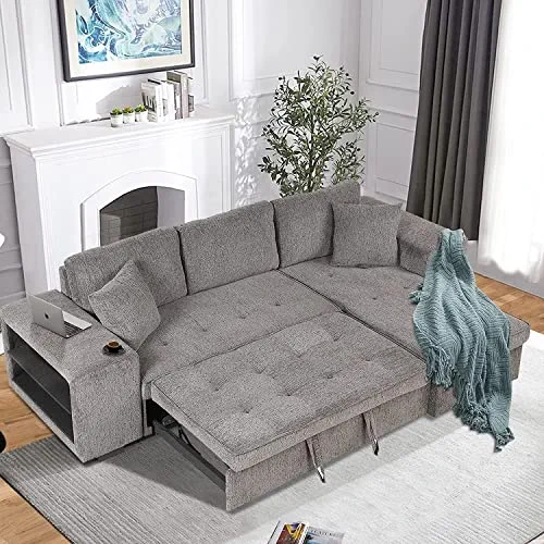 104.5 inch Reversible Sectional Sofa with Storage Chaise,2 Shelves,2 Stools and 2 Tossing Cushions - 3 Seat Sleeper Contemporary Corner Sectional with Pull-Out Sleeper and Chaise