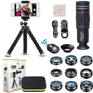 15 in 1 Universal Phone Camera Lens Kit 18X Telephoto Lens Wide Angle Lens,Macro Lens, Fisheye Lens,Kaleidoscope 3/6 Lens, CPL/Flow/Star/Radial Filter, Tripod, Remote Shutter for Most of Smartphone