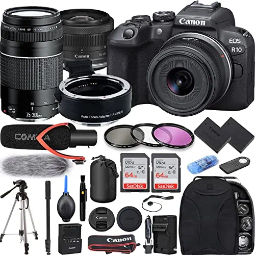 Camera Bundle for Canon EOS R10 Mirrorless Camera with RF-S 18-45mm f/4.5-6.3 is STM, EF 75-300mm f/4-5.6 III Lens, EF-EOS R Lens Adapter + Extra Battery, Pro Microphone + Accessories Kit (Renewed)