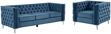 Morden Fort Modern 2 Pieces of Chair and Sofa Couch Set with Dutch Velvet Blue,Iron Legs.