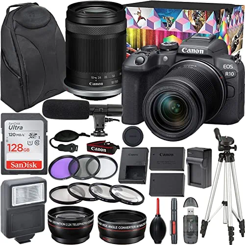 Camera Bundle for Canon EOS R10 Mirrorless Camera with RF-S 18-150mm f/3.5-6.3 is STM Lens + Shotgun Microphone with Video Kit Accessories (128GB, Flash, and More)