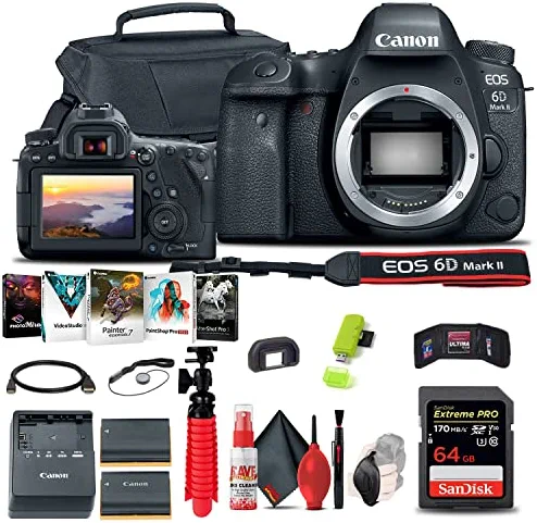 Canon EOS 6D Mark II DSLR Camera (Body Only) (1897C002), 64GB Memory Card, Case, Photo Software, LPE6 Battery, Card Reader, Flex Tripod, HDMI Cable, Hand Strap + More (Renewed)