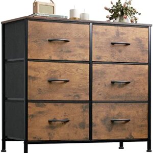 WLIVE Fabric Dresser for Bedroom, 6 Drawer Double Dresser, Storage Tower with Fabric Bins, Chest of Drawers for Closet, Living Room, Entryway, Rustic Brown Wood Grain Print