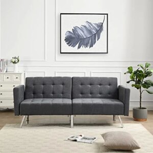 75" Convertible Folding Futon Sofa Bed,Split Back Design,Modern Fabric Sleeper Couch Bed with Armrest and Chrome Legs,Upholstered Recliner Loveseat for Living Room Apartment Dorms Office (Dark Grey)