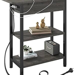 LIDYUK End Table with Charging Station, Flip Top Side Table with USB Ports and Outlets, Nightstand for Small Spaces, Bedside Tables with Storage Shelf for Living Room, Bedroom, Dark Grey