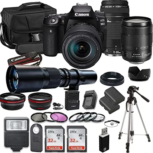 90D DSLR Camera Bundle with EF-S 18-135mm f/3.5-5.6 is USMLens + EF 75-300mm f/4-5.6 III Lens and 500mm Preset Lens + 2pc SanDisk 32GB Memory Cards + Professional Kit