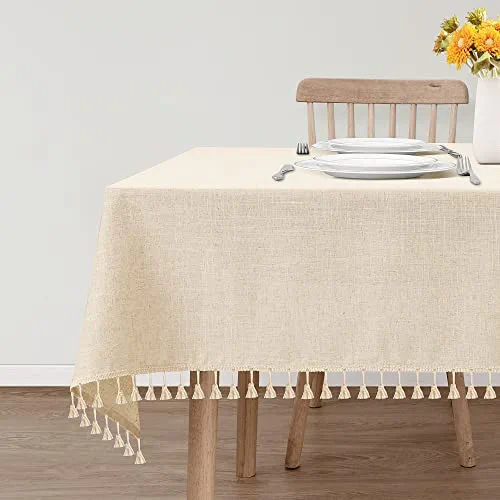 Beige Linen Table Cloth with Tassel, Burlap Rectangle Tablecloth for Kitchen Dining Room, Water Resistant Table Cloths, Decorative Oblong Table Cover for Buffet Party Banquets, 55 x 70 Inch 4-6 Seat