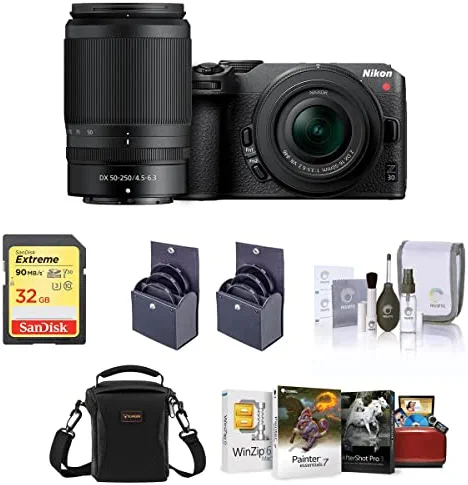 Nikon Z 30 Mirrorless Camera with 16-50mm & 50-250mm Lens, Bundle with Corel Mac Photo Editing Software Suite, 32GB SD Memory Card, Bag, 62mm and 46mm UV, CPL and ND Filters