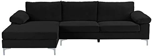 Casa Andrea Milano Modern Sectional Sofa L Shaped Velvet Couch, with Extra Wide Chaise Lounge, Black