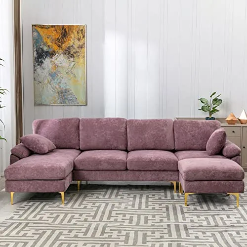 KIVENJAJA U-Shaped Sectional Sofa Couch, Modern Convertible L-Shaped Velvet Couch Set with Reversible Chaise Lounge, Ottoman and Pillows for Living Room, 114 inches (Purple)