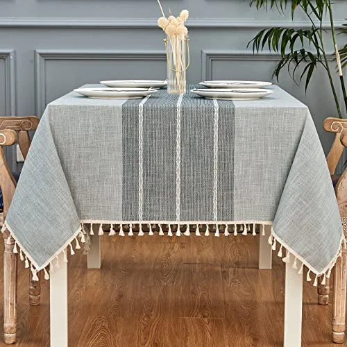 Mebakuk Rectangle Table Cloth Linen Farmhouse Tassel Tablecloth Wrinkle Free and Dust-Proof Decorative Embroidered Fabric Table Cover for Kitchen ( Oblong 55" x 86" (6-8 Seats), Grey Stripe )