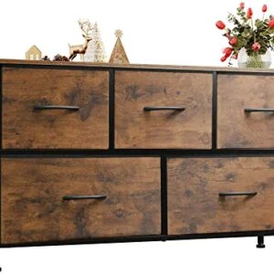 WLIVE Dresser for Bedroom with 5 Drawers, Wide Chest of Drawers, Fabric Dresser, Storage Organizer Unit with Fabric Bins for Closet, Living Room, Hallway, Nursery, Rustic Brown Wood Grain Print