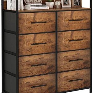 WARM&LOVE 8 Drawer Dresser with Shelves, Chest of Drawers for Bedroom with Wood Top, Rustic Dresser Storage Organizer Unit with Fabric Bins for Closet/Living Room/Hallway/Nursery