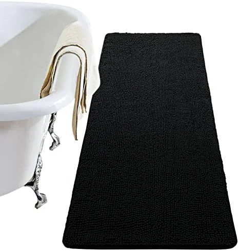 LOCHAS Luxury Bathroom Rug Shaggy Bath Mat 24 x 60 Inch, Washable Non Slip Bath Rugs for Bathroom Shower, Soft Plush Chenille Absorbent Carpets Mats, Black