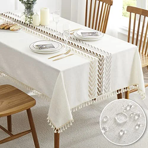 QIANQUHUI Linens Rectangle Tablecloths, Waterproof Embroidery Leaf Table Cloth with Tassel,Wrinkle Free Table Cover Decoration for Kitchen Dinning Party Holiday( Coffee Leaf,55 x 120 Inch)