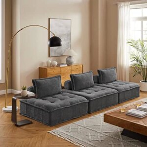 Volans Sherpa Fleece Sectional Sofa, Mid Century Modern Upholstered Square Modular Sectional Sofa Couch with Two Removable Non-Slip Pillows, Living Room Sofa Set, Grey, 3 Pcs