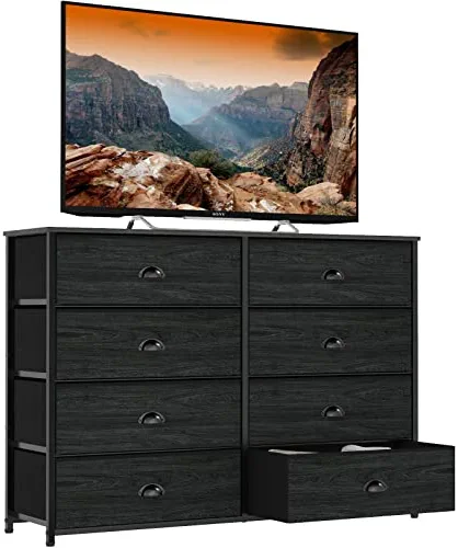 Furnulem 8 Drawer Dresser Wide 40'' Long, Storage Chest of Drawer for 42'' TV Stand, Closet, Bedroom, Nursery, Living Room Rustic Furniture-Black Oak