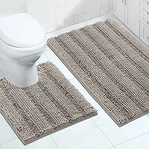 Chenille Bathroom Rugs Set Non-Slip Bath Mats for Bathroom Super Absorbent Shaggy Rugs for Tub Shower Toilet Soft Plush Bath Rug Plus U Shaped Contour Rug (Oversized: 24" x 36" and 20" x 24" U), Taupe