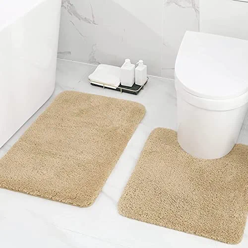 Buganda Microfiber Bathroom Rugs Set 2 Pieces - Shaggy Soft Bath Mat & U-Shaped Toilet Rug, Non-Slip Machine Wash/Dry Absorbent Shower Bathroom Rugs and Mats Sets for Bathroom(20"x24"+20"x32", Beige)