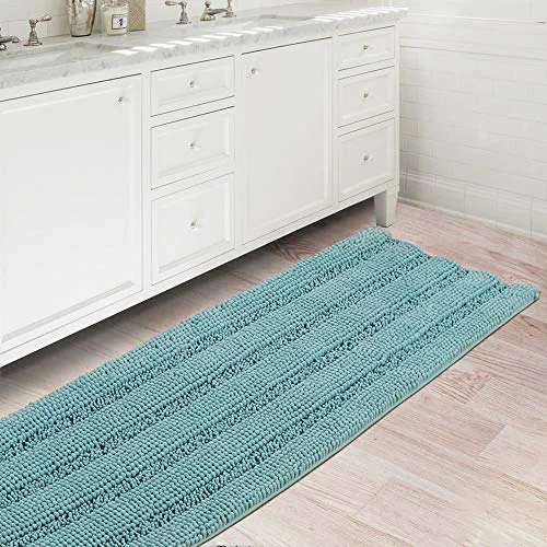 Flamingo P Bath Rugs Ultra Thick and Soft Texture Bath Mat Chenille Plush Striped Floor Mats Hand Tufted Bath Rug with Non-Slip Backing Door Mat for Kitchen/Entryway (Duck Egg Blue - 47" x 17")