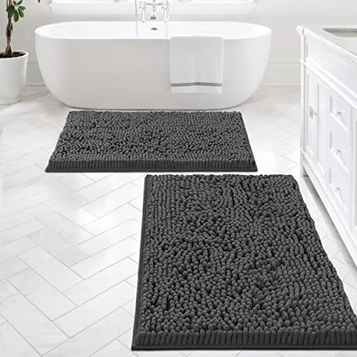 Bathroom Rugs Bath Mats for Bathroom Non Slip Luxury Chenille Bathroom Rugs Extra Soft Absorbent Shaggy Bathroom Mat Rugs Washable Fast Dry Bathroom Rugs Sets 2 Piece (Grey, 24" x 36"/20" x 32")