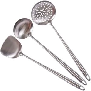 17inch Wok Spatula and Ladle, Skimmer Spoon - 304 Stainless Steel Wok Tools Set - 3 Pieces All Metal Extra Long Handle Cooking Tools, Chinese Wok Utensils and Wok Accessories