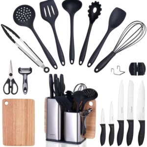 18 Pieces Kitchen Utensils Set, Cooking Utensils Set, 7 Pieces Silicone Cooking Utensils Set, 5 Pieces Knife Set with Block with Scissors, Vegetable Peeler, Knife Sharpeners, Oak Wood Cutting Board