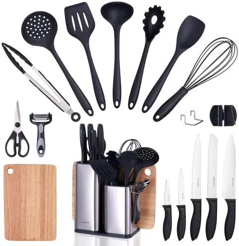 18 Pieces Kitchen Utensils Set, Cooking Utensils Set, 7 Pieces Silicone Cooking Utensils Set, 5 Pieces Knife Set with Block with Scissors, Vegetable Peeler, Knife Sharpeners, Oak Wood Cutting Board