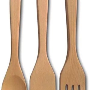 1PC Wooden Spatula,1PC Wooden spoon and 1PC Wooden fork in a set, Handmade Organic Beech Wood Utensil For Kitchen, Natural Nonstick Hard Wood Spatulas And Wood Spoon Set, Premium Wood Cooking Set