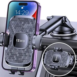 1Zero Phone Mount for Car [Heavy Duty Super Suction] Car Phone Holder Mount for Dashboard Windshield Air Vent [Thick Case & Big Phone Friendly] 3 in 1 Cell Phone Holder for iPhone Samsung All Phones