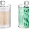 2 Pack Qtip Holder Storage Canister for Cotton Ball, Cotton Swab, Cotton Round Pads, Floss; 10-Ounce Clear Plastic Apothecary Jar with Lid, Bathroom Canister Storage Organization, Makeup Organizer (2)