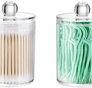 2 Pack Qtip Holder Storage Canister for Cotton Ball, Cotton Swab, Cotton Round Pads, Floss; 10-Ounce Clear Plastic Apothecary Jar with Lid, Bathroom Canister Storage Organization, Makeup Organizer (2)