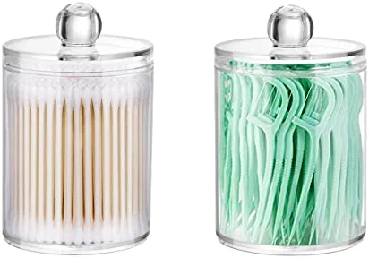 2 Pack Qtip Holder Storage Canister for Cotton Ball, Cotton Swab, Cotton Round Pads, Floss; 10-Ounce Clear Plastic Apothecary Jar with Lid, Bathroom Canister Storage Organization, Makeup Organizer (2)