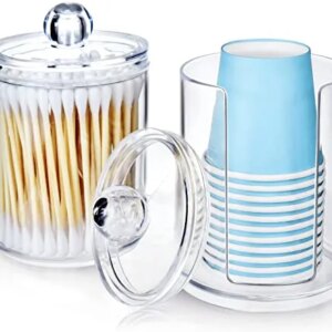 2 Pack Small Disposable Paper Cup Dispenser, Cotton Swab Holder for Cotton Ball, Cotton Round Pads, Floss, Fit for 3-4 oz Cup for Bathroom Canister Storage Organization, Vanity Makeup Organizer-Clear