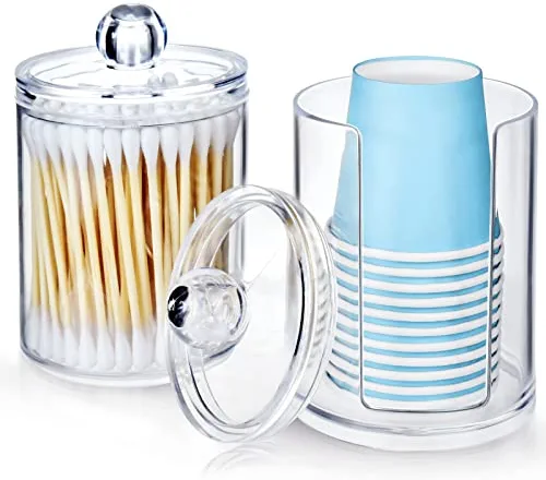 2 Pack Small Disposable Paper Cup Dispenser, Cotton Swab Holder for Cotton Ball, Cotton Round Pads, Floss, Fit for 3-4 oz Cup for Bathroom Canister Storage Organization, Vanity Makeup Organizer-Clear