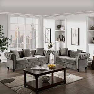 2 Pieces Living Room Sofa Set, Couch Furniture Tufted Velvet Upholstered Sofa Roll Arm Classic Chesterfield Sofa Set with 5 Pillows for Living Room, Office and Small Space (Grey, 2 Seat+3 Seat)