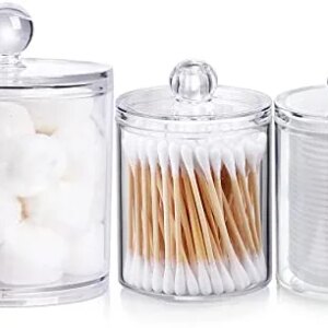 3 Pack Qtip Holder Dispenser for Cotton Ball, Cotton Swab, Cotton Round Pads, Floss - 20OZ & 10 oz Clear Plastic Apothecary Jar Set for Bathroom Canister Storage Organization, Vanity Makeup Organizer