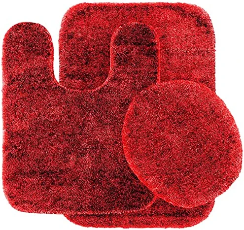 3 Piece Bathroom Rug Set Including-Toilet Lid-Bath Rug-Counter Mat (Red)