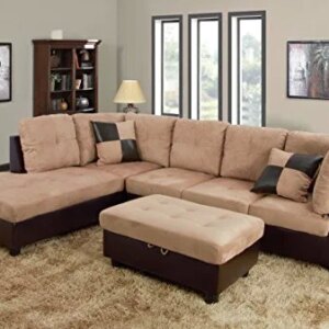 3-Piece Contemporary Sectional Sofa with Chaise and Storage Ottoman for Living Room Furniture | Faux Leather & Microfiber Upholstery | Removable High Density Memory Foam Cushions (Beige,Left-facing)