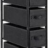 4 Drawer Narrow Dresser Fabric Storage Tower Vertical Slim Storage Chest Organizer Nightstand Side/End Table Small Standing Organizer Removable Drawers Wood Top for Bedroom, Bathroom,Entryway（Black)