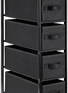 4 Drawer Narrow Dresser Fabric Storage Tower Vertical Slim Storage Chest Organizer Nightstand Side/End Table Small Standing Organizer Removable Drawers Wood Top for Bedroom, Bathroom,Entryway（Black)