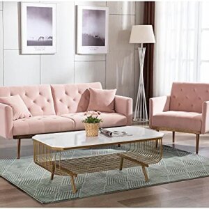 63" Velvet Sofa Set, Loveseat & Single Sofa Chair, Convertible Futon Sofa Bed, Accent Sofa, Futon Recliner, Golden Metal Legs, 2 Couch Pillows, Mid Century Modern Sofas for Home Living Room Bedroom