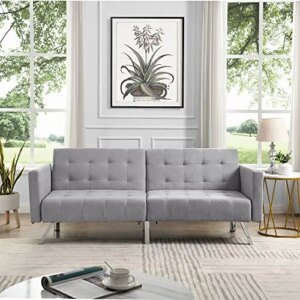 75" Convertible Folding Futon Sofa Bed,Split Back Design,Modern Fabric Sleeper Couch Bed with Armrest and Chrome Legs,Upholstered Recliner Loveseat for Living Room Apartment Dorms Office (Light Grey)