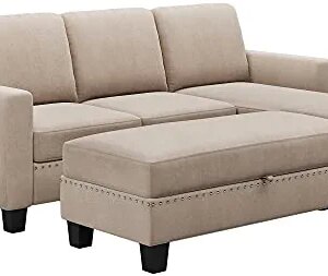 81" Reversible Sectional Couch with Storage Chaise L-Shaped Sofa for Apartment Sectional Set,Sectional Sofa with Ottoman,Nailhead Textured Linen Fabric 3 Pieces Sofa Set,Warm Gray