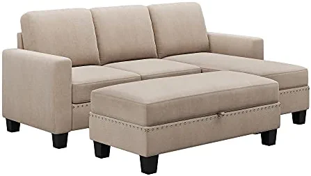 81" Reversible Sectional Couch with Storage Chaise L-Shaped Sofa for Apartment Sectional Set,Sectional Sofa with Ottoman,Nailhead Textured Linen Fabric 3 Pieces Sofa Set,Warm Gray