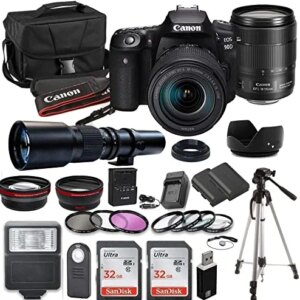 90D DSLR Camera Bundle with EF-S 18-135mm f/3.5-5.6 is USMLens + 500mm Preset Lens + 2pc SanDisk 32GB Memory Cards + Professional Kit