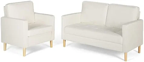 AILEEKISS Mid-Century Sectional Sofa Set for Living Room Faux Leather Office 2 Pcs Couch Set with Armrest Modern Upholstered Loveseat Couches (Cream White, 1-Seater+2-Seater)