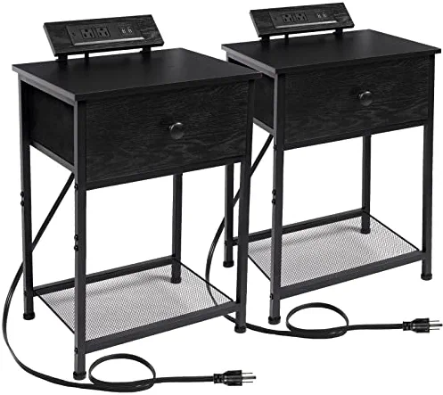 AMHANCIBLE Black Nightstands Set of 2, End Tables Living Room with Charging Station, Night Stands with USB Ports & Power Outlets, Side Table with Storage Drawers for Bedroom (Black)