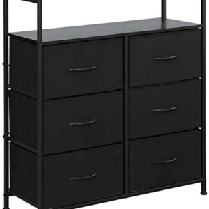 AMISEN Fabric Dresser Chest with 6 Drawers, Drawer Chest with 2 Tier Wood Shelves, Tall Nightstand Functional Organizer Unit for Closets, Bedroom, Hallway, Black