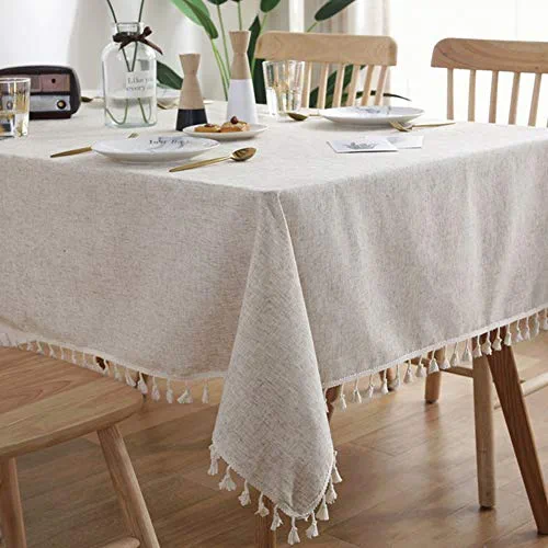 AMZALI Cotton Linen Tablecloth Fabric Tassel Table Cloth Dust-Proof Cover for Kitchen Dinning Tabletop Home Decoration Party(Rectangle/Oblong, 55 x 87Inch, Linen)